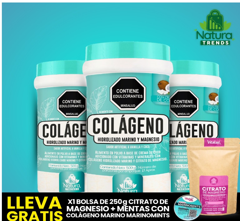 lleva gratis 1 bolsa de 250 gramos de citrato de magnesio y mentas con colageno marino marinomints